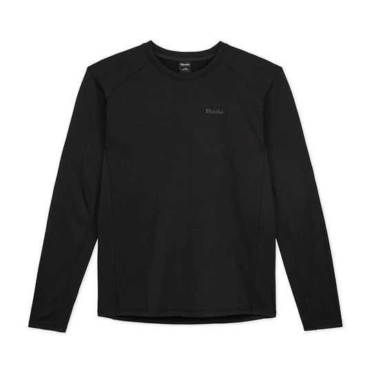 A black long-sleeve athletic shirt with raglan sleeves and a small tonal &