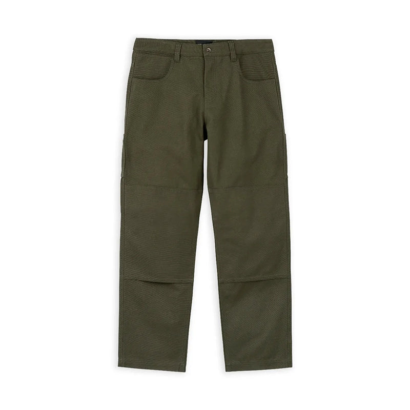 Olive green cargo pants with front and knee patch pockets, shown flat against a plain white background.