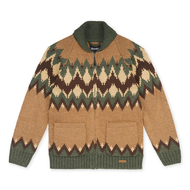 A knit zip-up cardigan sweater by Hooki, featuring a brown and beige geometric Fair Isle pattern with an olive green collar, cuffs, and hem, displayed flat against a white background.