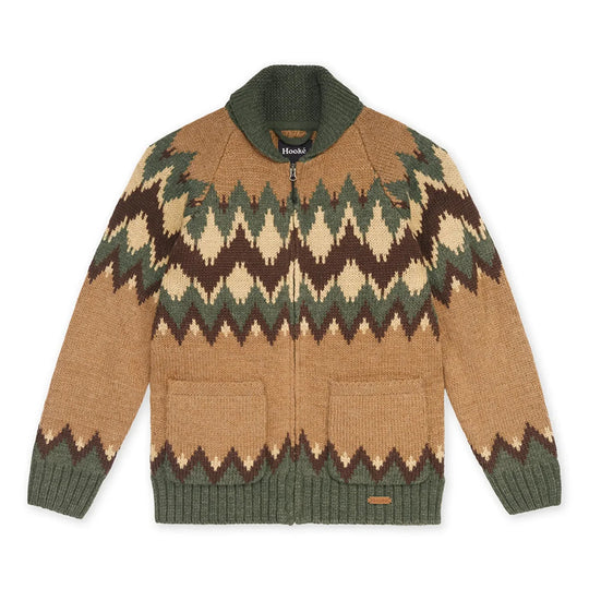 A knit zip-up cardigan sweater by Hooki, featuring a brown and beige geometric Fair Isle pattern with an olive green collar, cuffs, and hem, displayed flat against a white background.