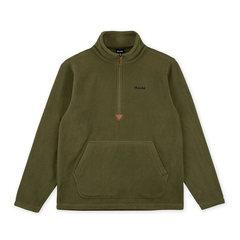 Green fleece pullover with a brand logo on a white background