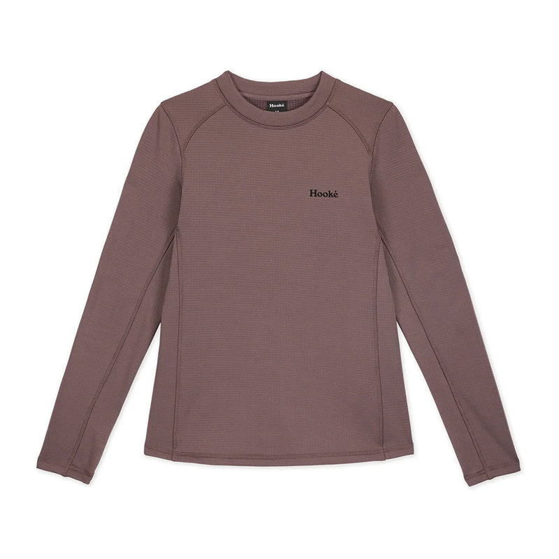 A long-sleeve crewneck athletic top in a muted dusty mauve-brown color, featuring a small black 'Hooké' logo on the left chest, displayed flat against a solid white background.