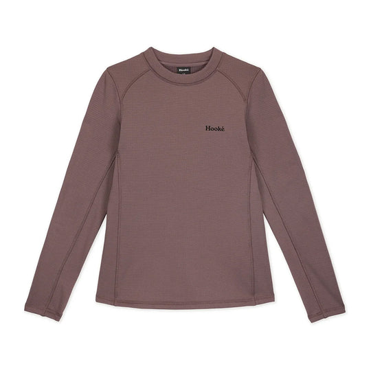 A long-sleeve crewneck athletic top in a muted dusty mauve-brown color, featuring a small black &