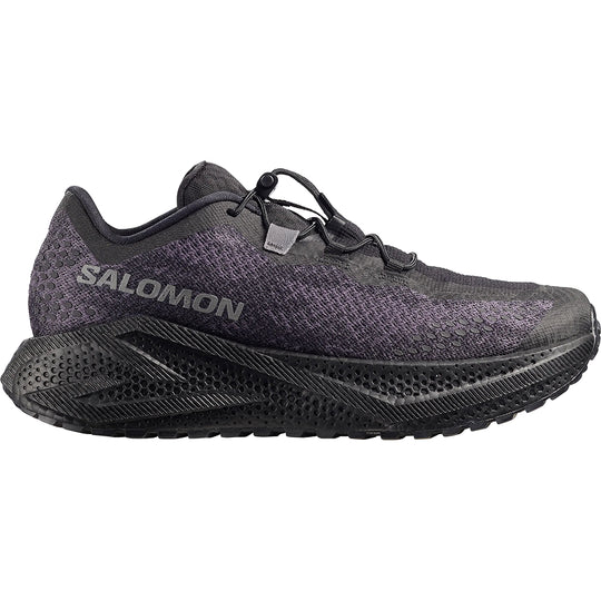 Black Salomon running shoe on a white background