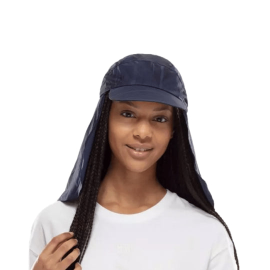 lady wearing Buff Pack Sahara Cap navy