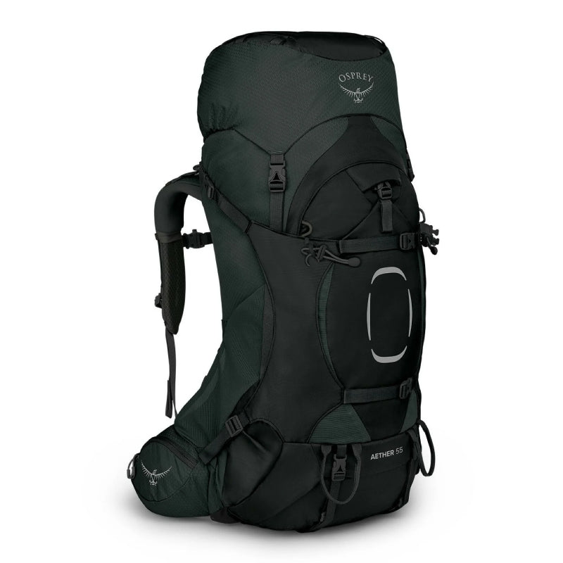 Green and black Osprey hiking backpack on a white background