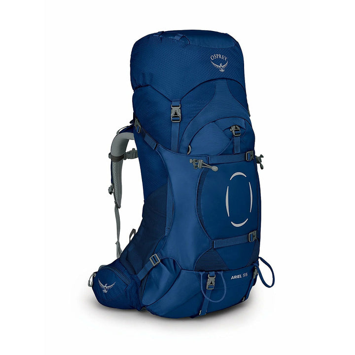 Blue Osprey hiking backpack on a white background