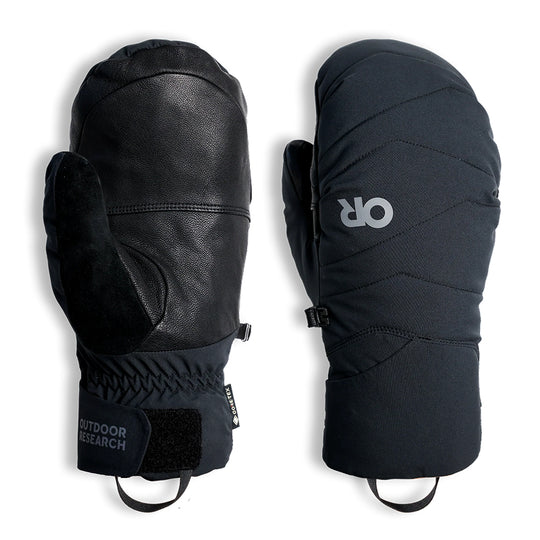 Black mittens with Outdoor Research logo on a white background