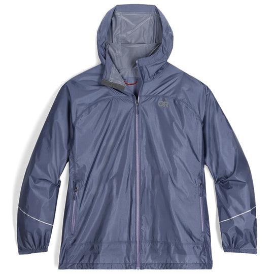 Blue rain jacket with a hood on a white background