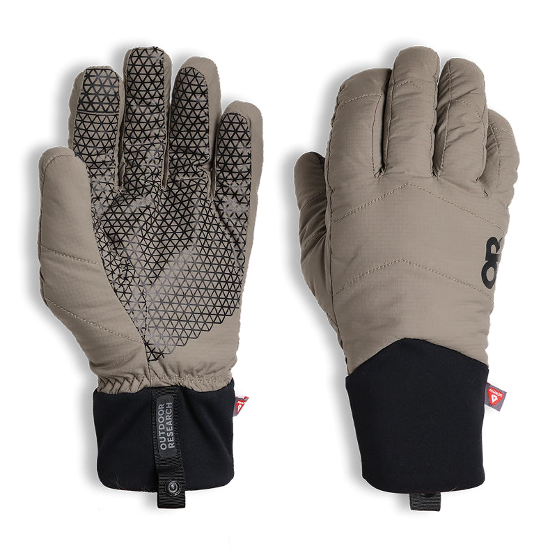 Pair of beige gloves with black accents on a white background