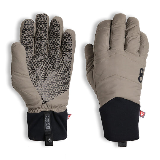 Pair of beige gloves with black accents on a white background