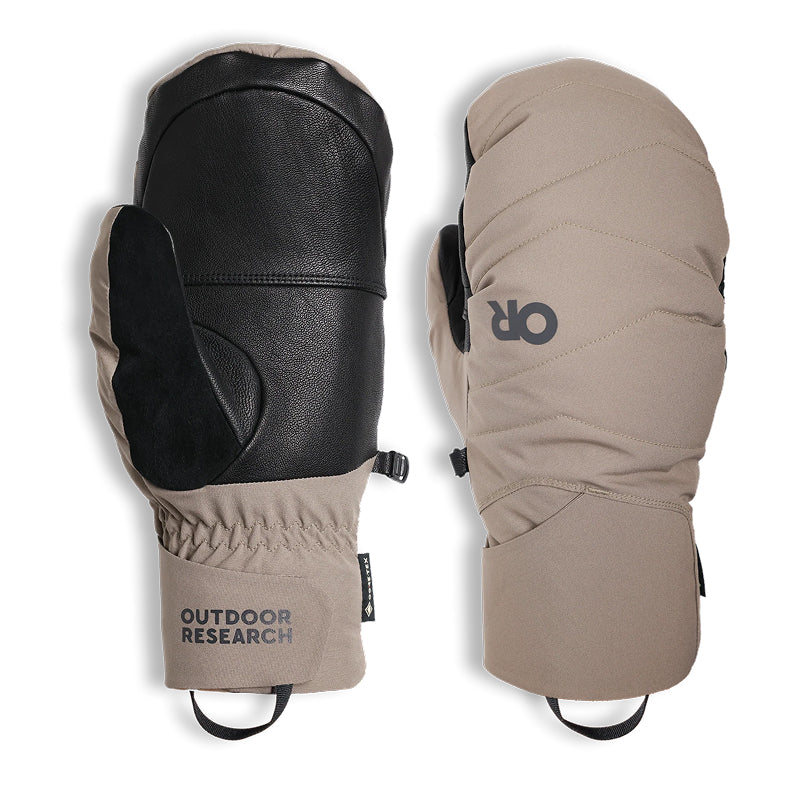 Pair of beige and black mittens with 'Outdoor Research' branding on a white background