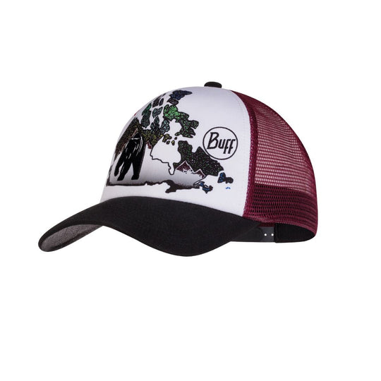 Trucker hat with black and white design and maroon mesh on a white background