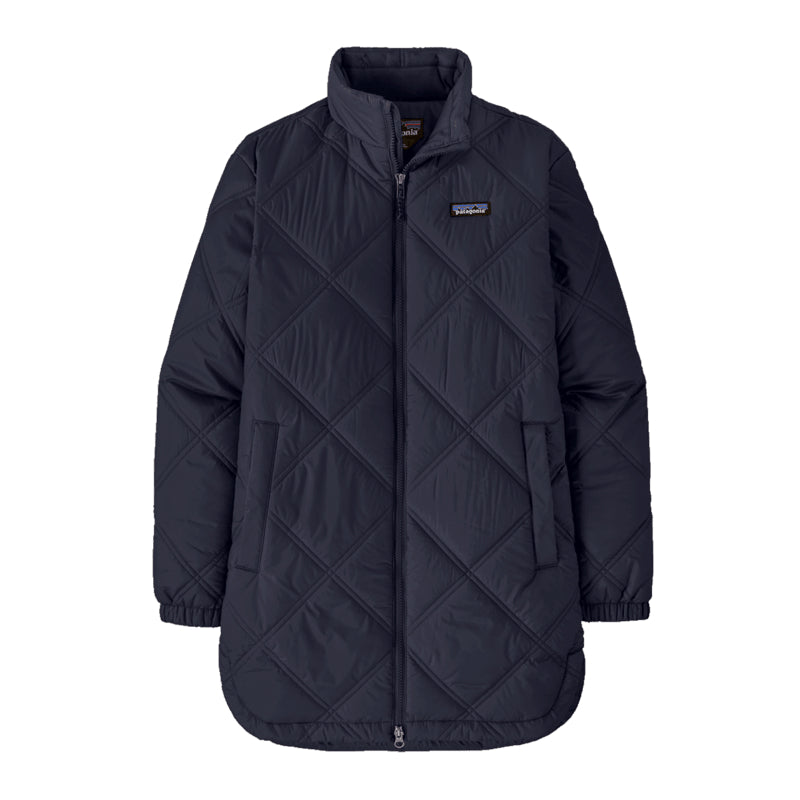 Navy quilted jacket with diamond pattern on a white background