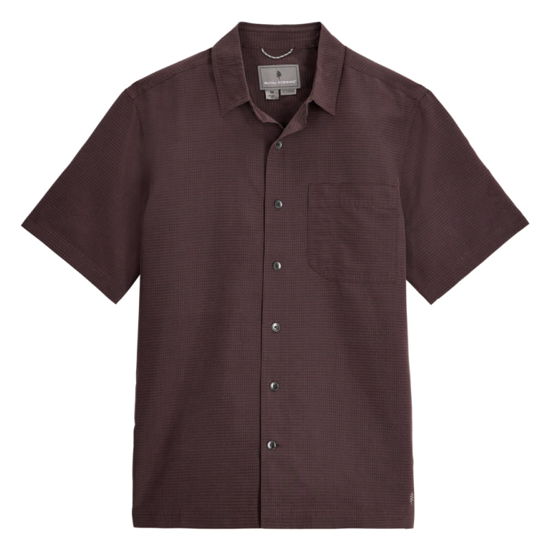 Brown short-sleeve button-up shirt on a white background
