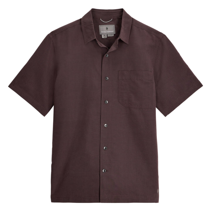 Brown short-sleeve button-up shirt on a white background