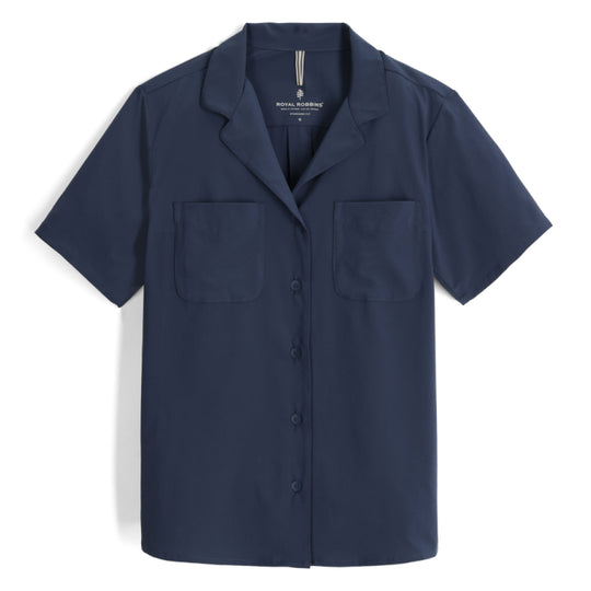 Navy short-sleeve shirt with two front pockets on a white background