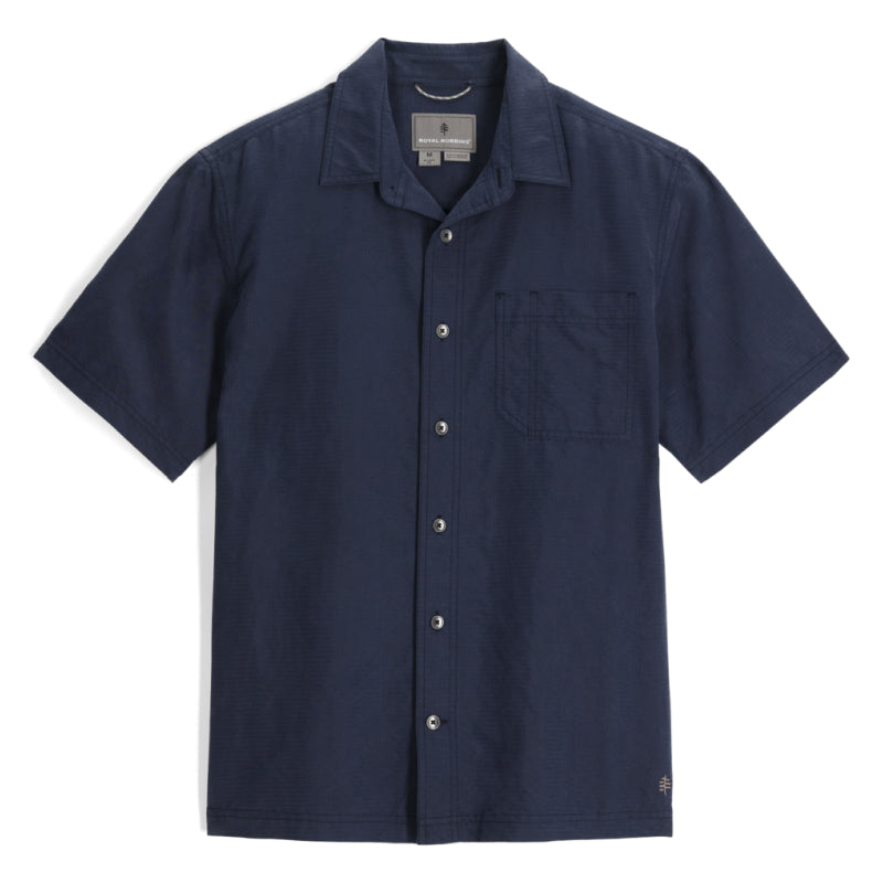 Navy short-sleeve shirt with button details on a white background