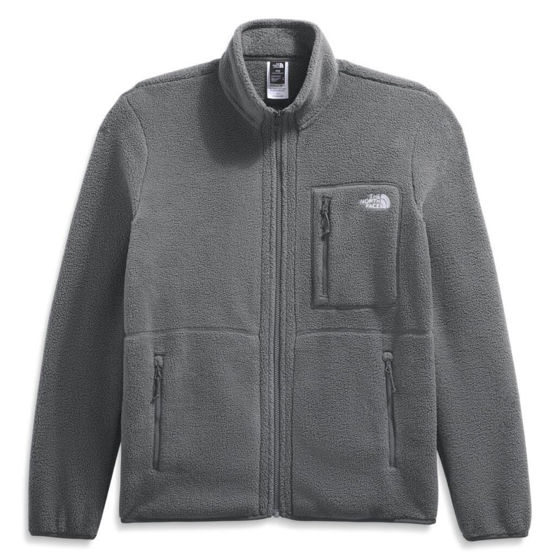 Gray fleece jacket with The North Face logo on a white background