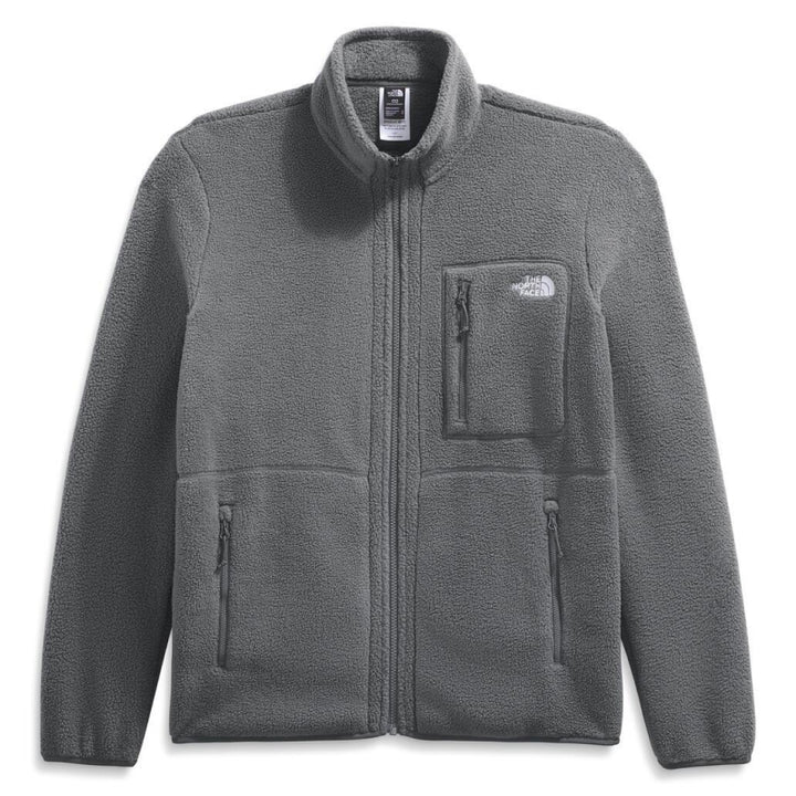 Gray fleece jacket with The North Face logo on a white background