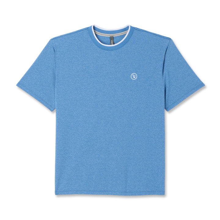 Blue t-shirt with a small logo on a white background