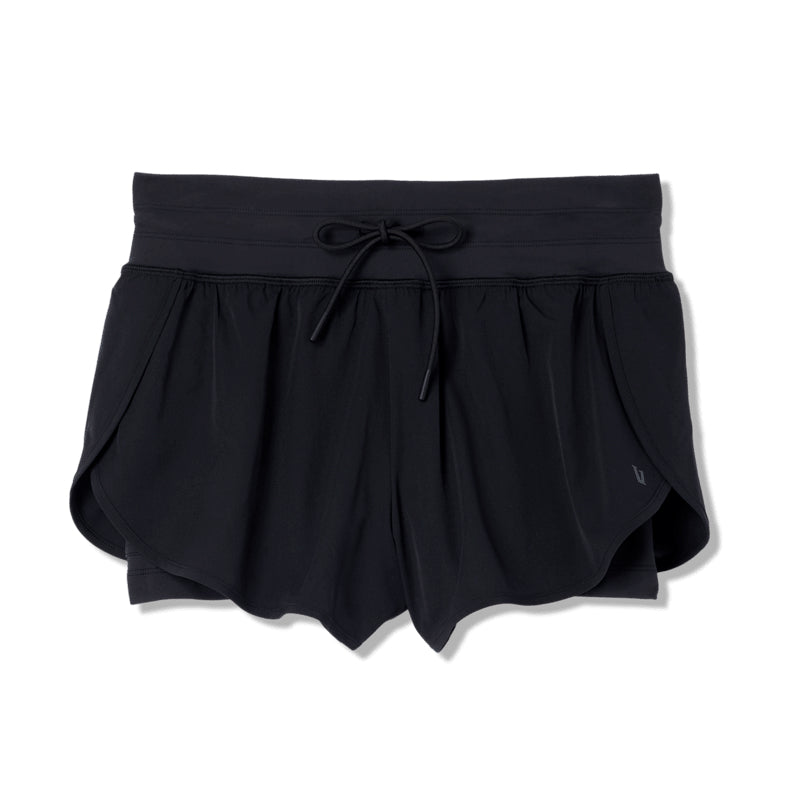 Black shorts with a drawstring waistband on a white background