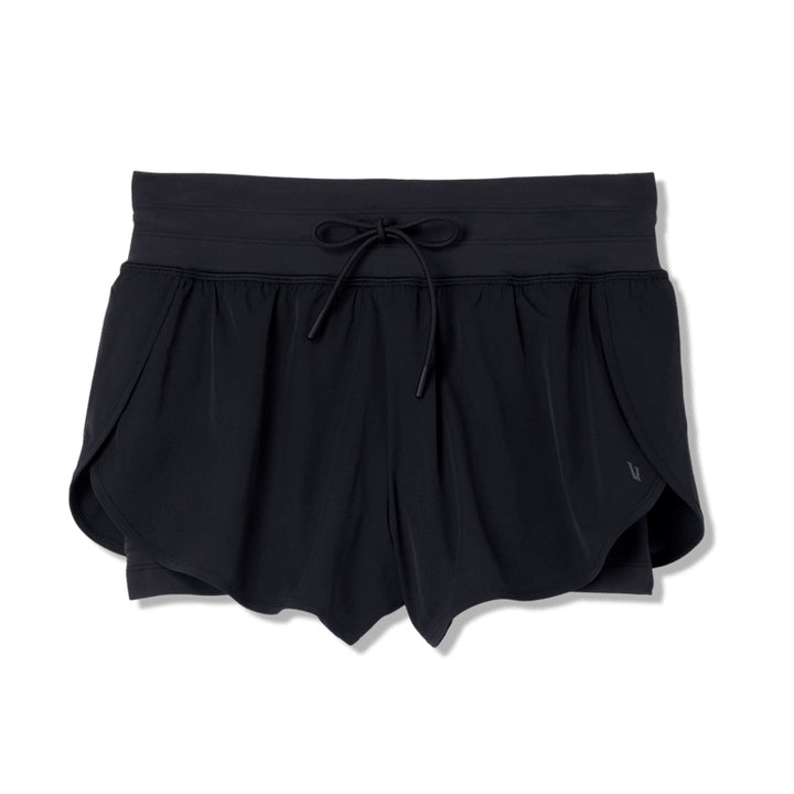 Black shorts with a drawstring waistband on a white background