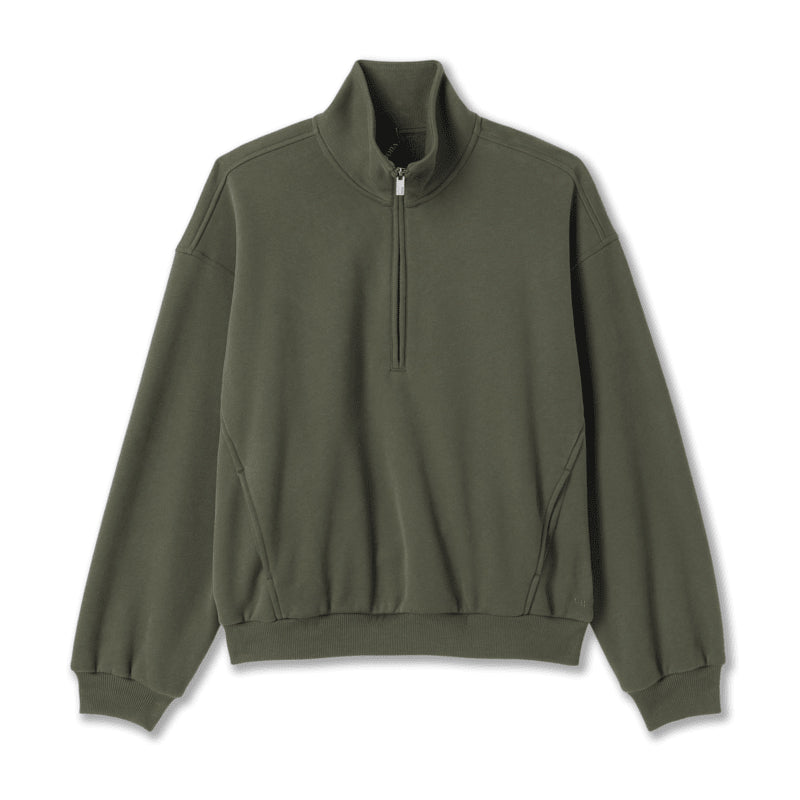 An olive green half-zip sweatshirt with a mock neck collar, shown flat against a plain white background.