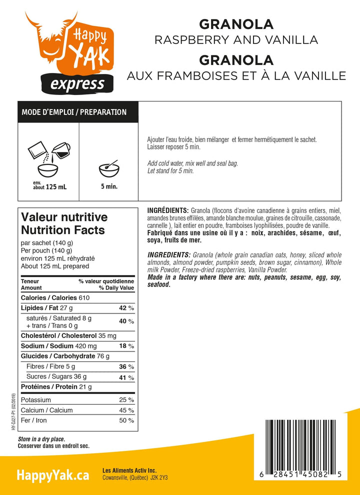Happy Yak Granola Framboise et Vanille - 1 Portion