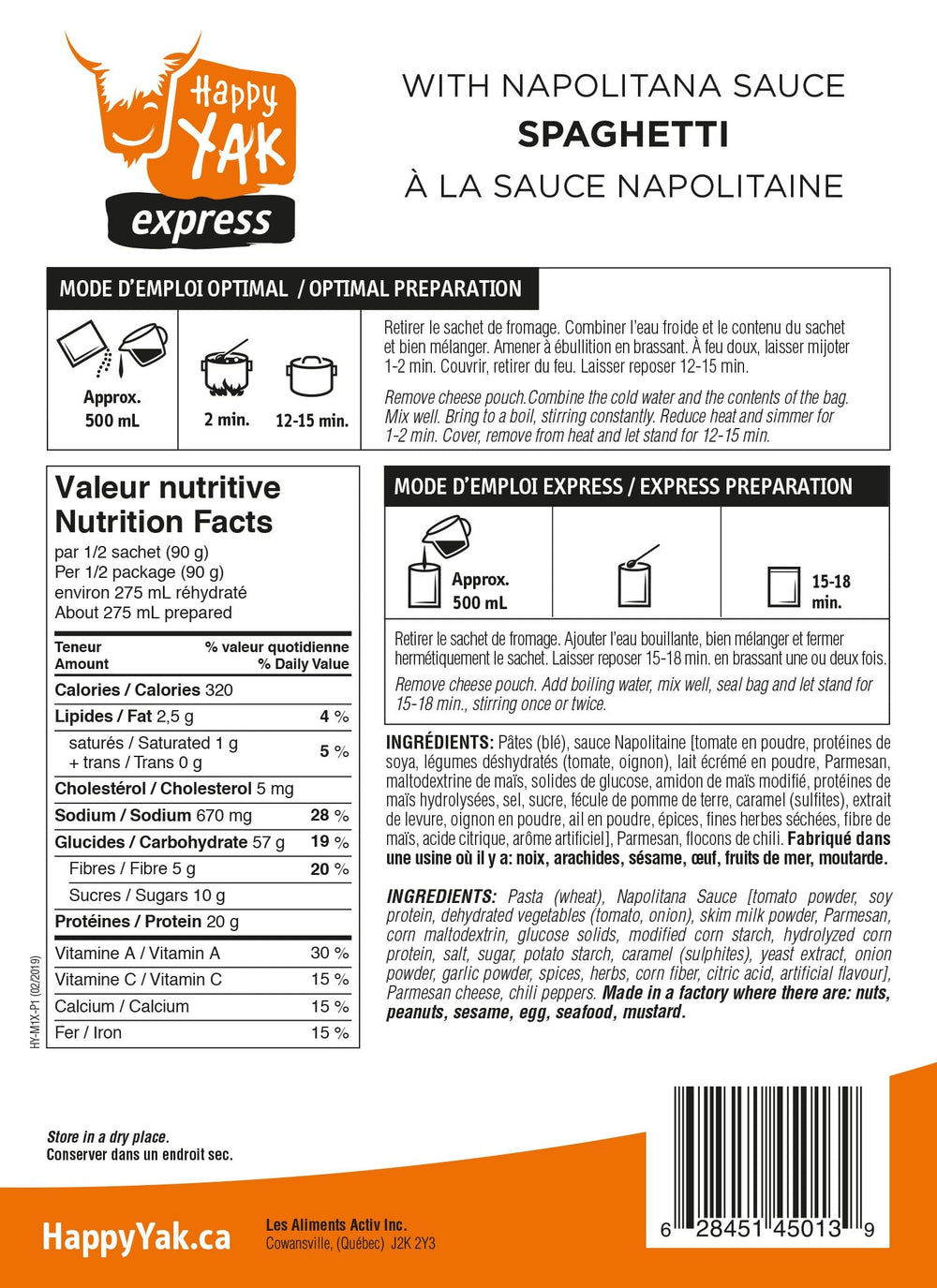 Happy Yak Neapolitan Spaghetti in Savoury Sundried Tomato Sauce - 1 Portion