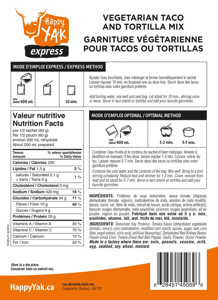 Happy Yak Vegetarian Tacos & Tortillas Mix - 1 Portion