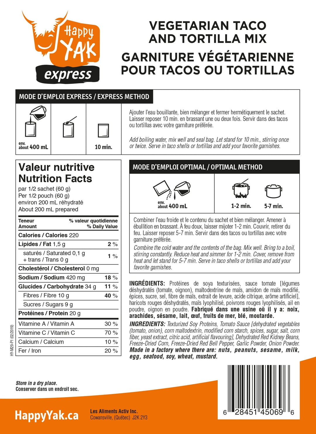 Mélange de tacos et tortillas végétariens Happy Yak - 1 portion