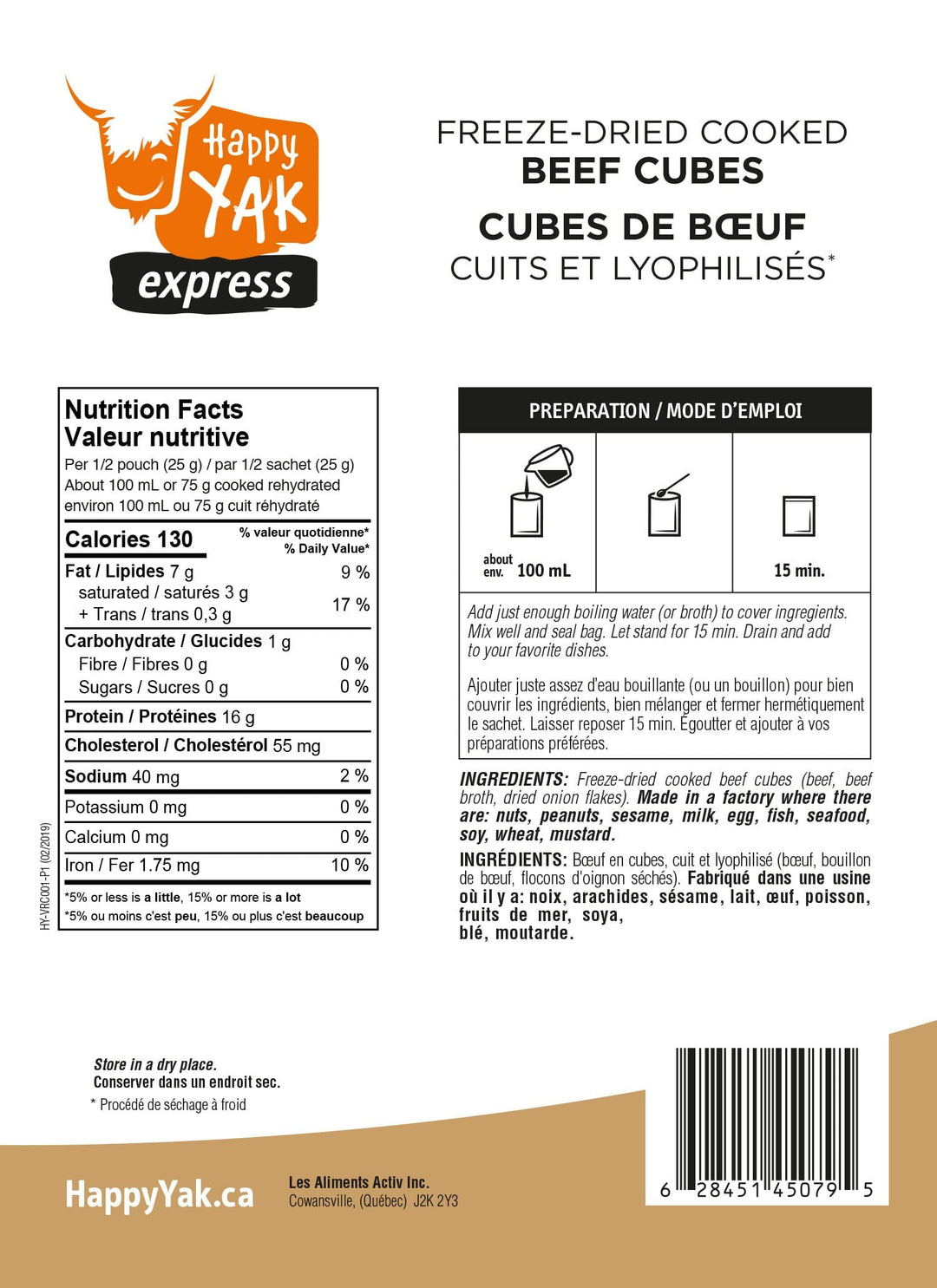 Cubes de bœuf cuits lyophilisés Happy Yak (50g)
