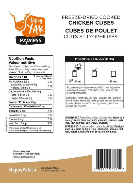 Cubes de poulet cuits lyophilisés Happy Yak (50g)