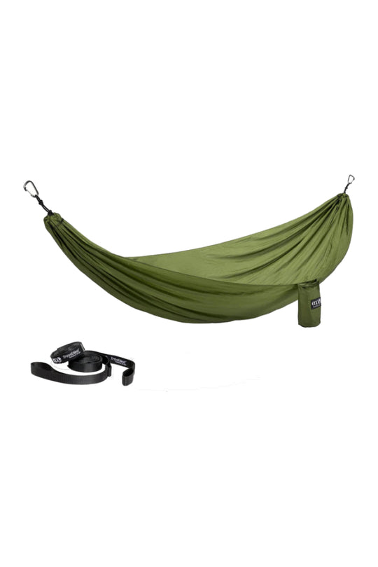 A green ENO TravelNest hammock displayed with its straps on a white background.